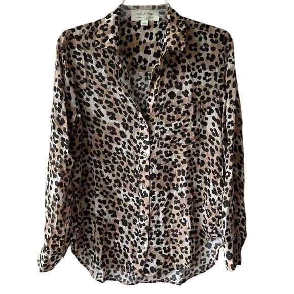 Cloth & Stone Blouse Top Leopard Print Semi Sheer Long Sleeve Brown Black XS - Picture 1 of 13